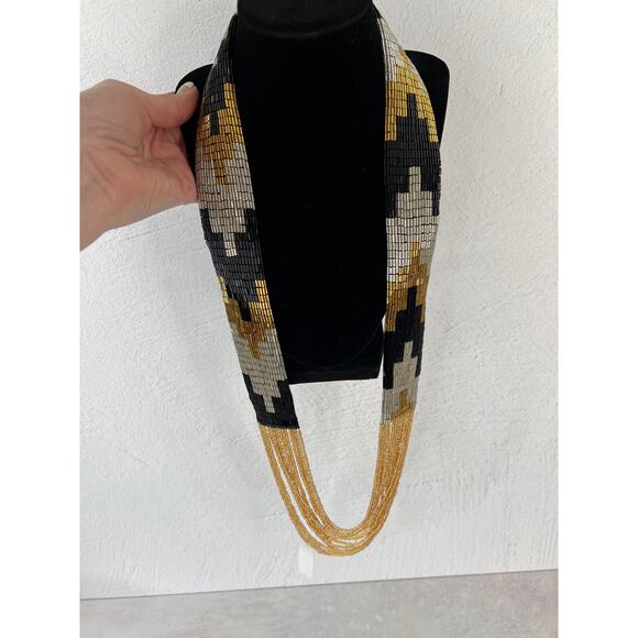 Himalayan Nepal Black and Gold Hand Beaded Necklace/ 18.5” Long - Picture 1 of 8
